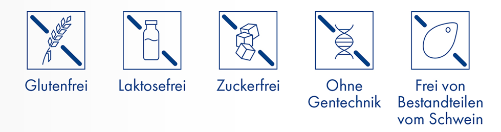 Produktspezifische Icons wie glutenfrei, laktosefrei, zuckerfrei, frei von Gentechnik und frei von Schweinebestandteilen
